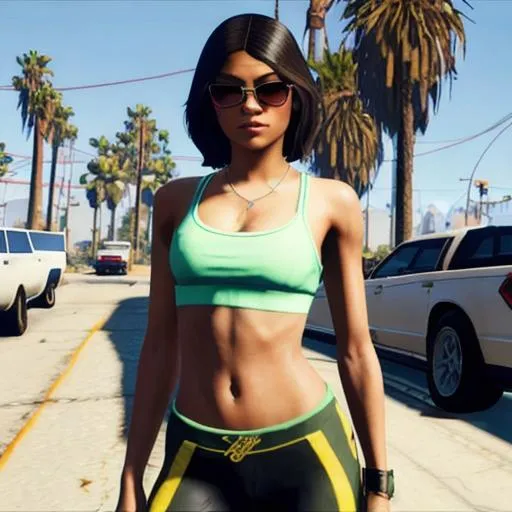 Prompt: Zendaya in GTA V, beautiful sunny day, Los Santos