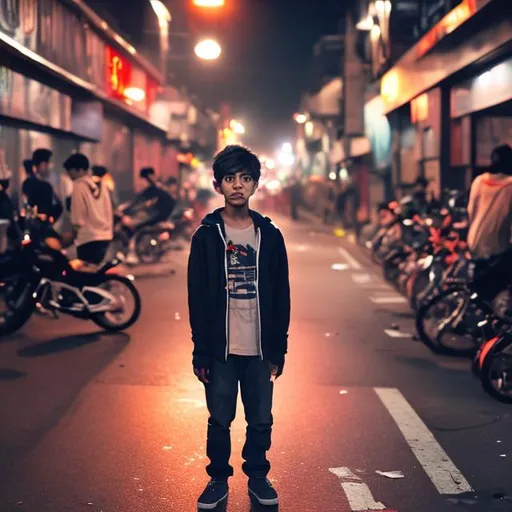 Prompt: A young boy with his crust meetup at first time at a mid night alone in a street.