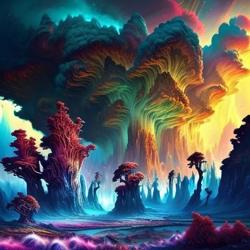 Prompt: Highly detailed fantasy planet landscape, clouds, stars, planets, waterfalls, nebulae, mystical, light shafts, massive storm cell on horizon, golden hour, brush strokes, ancient trees, magenta-pink, green-cyan, dark-magenta, electric-blue, trending on artstation, beautiful, tonemapping, fantasy art, digital painting, hyperrealism, hyperdetailed, landscape, photorealistic, dramatic lighting, ray tracing, vibrant, full shot