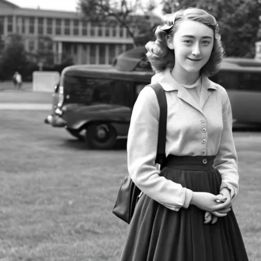 Prompt: Saoirse Ronan as a 1950s era college student.
