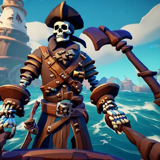 Prompt: sea of thieves style helmsman skeleton 
