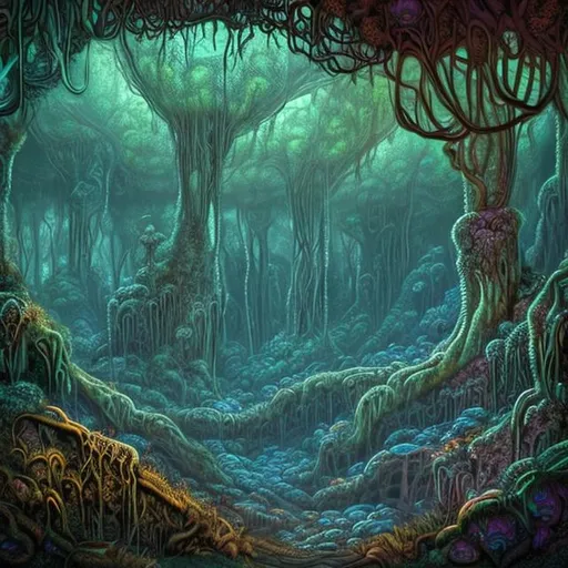 Prompt: fantasy style art  underground cave with fungal vines spreading from deeper into the cave