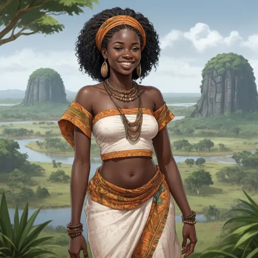 Prompt: Full body, Fantasy illustration of a ivorian woman, 26 years old, amused expression, traditional garment, curly black hair, high quality, rpg-fantasy, detailed, ivorian landscape background