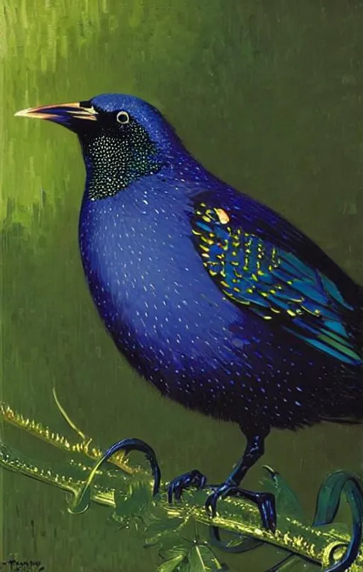 Prompt: Sparkling. An European starling portrait.  Art by taras loboda, van Gogh, Ana dittman, Ivan Bilibin, Jean-Baptiste Monge, pieter aertsen, robert bissell. Add Shimmering. 3d. Very clear resolution. Highly detailed.