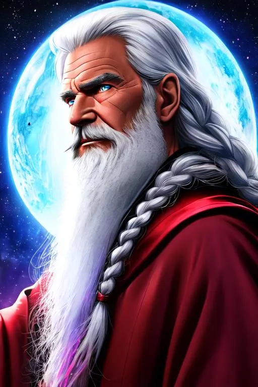 Prompt: upper body  portrait of a master sorcerer with a red luxury and magical sorcerer robe with intricate, He has long and wrinkle face, long beard with symmetric braids, grayish silver hair, shiny blue eyes, multiple dragon shape flashing in sky, [Harrison Ford:Sean Connery:0.5] ultra detailed, UHD 8k, The artwork by Amano Yoshitaka and Chris Foss
