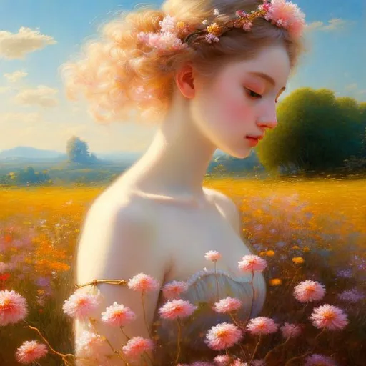 Prompt: Create a Masterpiece Oil Painting with Photo-realistic detail with an ultra realistic, UHD, sharp, focused, 64k resolution. full-body painting of a beautiful pale-skinned  girl ((((barely clothed)))), style of Fragonard and Yoshitaka Amano (light hair with flowers, messy), ropes, ((flower meadow background)), bioluminescent, (wearing intricate clothes) silver gothic armor with golden filigree details and ornamental pauldrons, vines, delicate, soft, fireflies, silk, threads, ethereal, luminous, glowing, dark contrast, celestial, ribbons, trails of light, 3D lighting, soft light, vaporware, volumetric lighting, occlusion