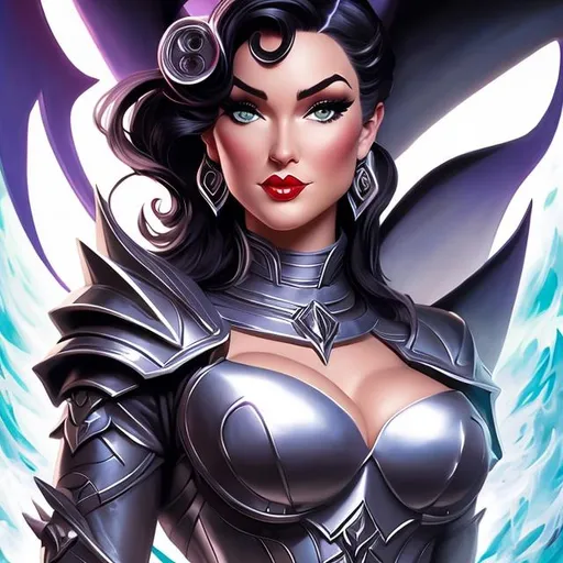 Prompt: pinup of an human female dungeons and dragons evil paladin with black hair and with cute face, perfect composition,, by j. scott campbell and boris vallejo and alex ross,  graffiti art, splash art, street art, spray paint, oil gouache melting, acrylic, high contrast, colorful polychromatic, ultra detailed, ultra quality, CGSociety, depth of field, 3d render