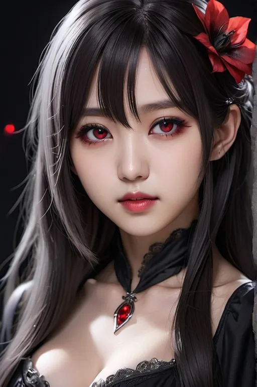 Prompt: Face close-up of a Vampire korean kpop girl idol with red glowing iris, shoulder-length dark hair, i can't believe how beautiful this is cosplaygirl, in the style of light silver and dark black, cottagecore, feminine body, kawacy,  silver and black, cg anime style