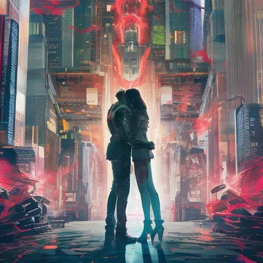 Prompt: Man and woman, embracing, corporate, pharmaceutical, colorful, tattoos, cyberpunk, mech, red fire