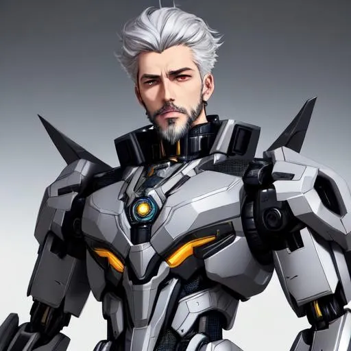 Prompt: Digital art gorgeous man, full body shot, intricate detail, perfect eyes, grey hair, facial hair, Genshin Impact vibe, mecha, HDR, UHD, 64K, ambient light, ArtStation, Pinterest