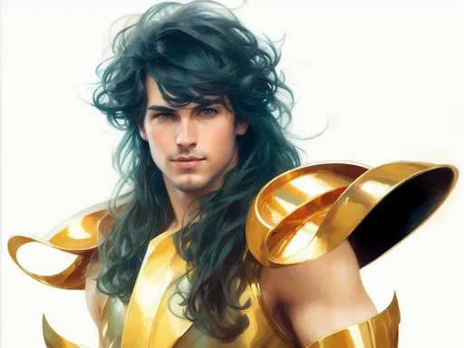 Prompt: Make him look like realistic handsome man.elegant beautiful features. Dreamy. Art by artgerm and Daniel gerhartz and Tom Bagshaw. very handsome face, beautiful deep blue eyes, dark green long hair