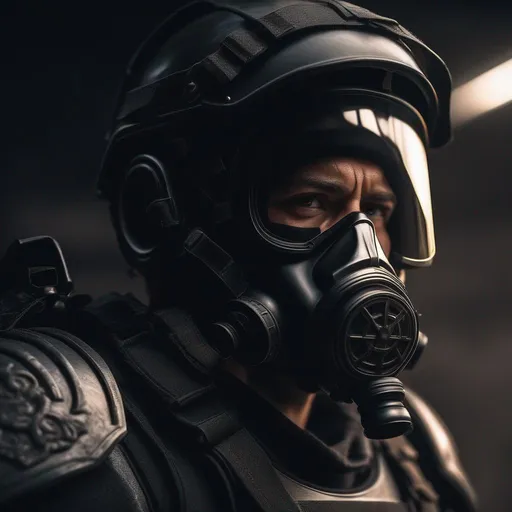 Prompt: A  modern roman military male in black military roman armor, and gas mask, crying,last day in earth,Hyperrealistic, sharp focus, Professional, UHD, HDR, 8K, Render, electronic, dramatic, vivid, pressure, stress, traumatic, dark.