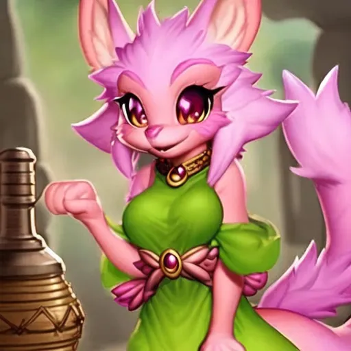 Prompt: pink furry kobold female, healer, D&D, green tunic, magic spell, fluffy tail, digitigrade, trending on artstation, cover art, character design, CGSociety, ZBrushCentral, 64 megapixels, digital illustration,