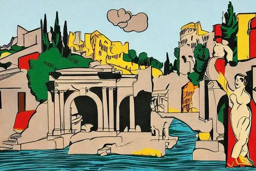 Prompt: italian landscape with ancient statues in pop art, roy lichtenstein style

