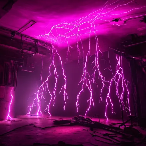 Prompt: Pink crackling lightning, techno strobe lights in a dark club venue with a black background
