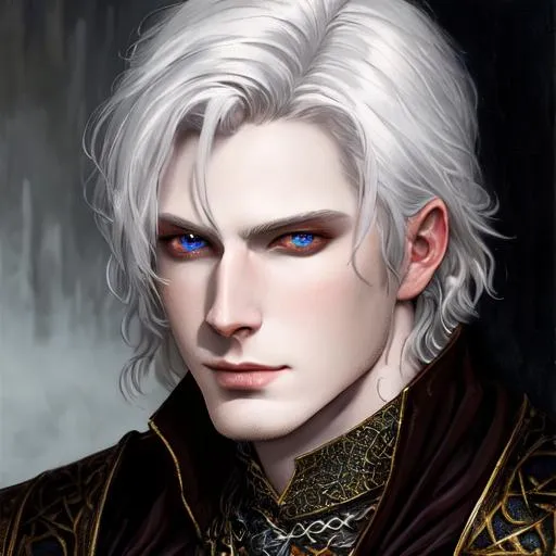 Prompt: medieval, fantasy, rpg, UHD, 8k, high quality, oil painting, Very detailed, detailed eyes, high detailed face, full body of a man with pale skin. He is a dark and deadly assassin. He wields two daggers