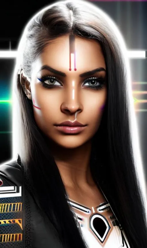 Prompt: female cyborg ((beautiful face)), ((circuits, facial tattoos)), ((facial tattoos)), (((tanned face))), long wavy black hair, mottled white locks, ((few white locks)), ((hair with chrome circuit elements)), cyberpunk, futuristic metal, chrome bronze and chrome, thin lines, cyberpunk translucent suit, ((detailed suit)), tall, ((slim build)), ((full figure)) prosthetic arms, robot actuator, photorealistic 3D model, detailed.