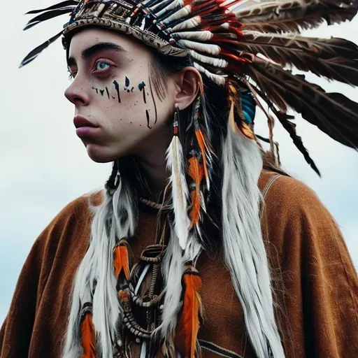 Prompt: billie eilish, young, detailed face, tan poncho, native american clothes, native american facepaint, indian feather headdress