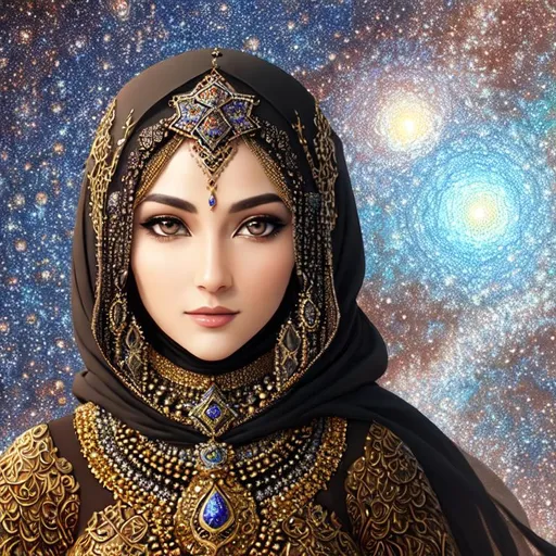 Prompt: full color brown An organic surface generated with Perlin noise and Fractal geometry exists in the background knowledge of the world background sky, a full body beautiful full color voronoi on julia clusters fractal woman wearing a hijab made of silver with jewelry and diamonds, Ottoman beauty, black eyes, very detailed beautiful face, concept art, fantasy, with holding sward,