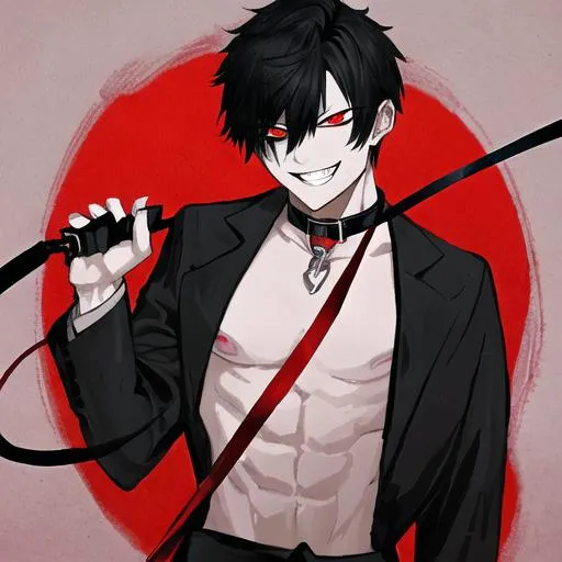 Prompt: Damien as a demon (male, short black hair, red eyes) wearing a collar and holding a leash pulling on it, grinning seductively, holding a whip