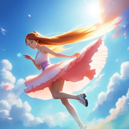 Prompt: Digital style painting, Orihime Inoue, style of Pixar, Fragonard, highly-detailed, cinematic, washed-out palette, soft pastel color palette, sunny day, translucent, arms visible, light shafts, action, legs visible, perfect composition, hyperrealistic, super detailed, 8k, high quality, sharp focus, intricate details, highly detailed, dynamic lighting, detailed and intricate environment, highest quality