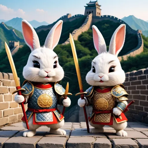 Prompt: small cute and furry rabbits are in Tang Chinese armor with halberd in their hands, background is Chinese Great Wall, cartoon mode