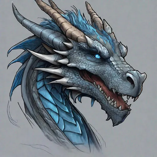 Prompt: Concept design of a dragon. Dragon head portrait. Coloring in the dragon is predominantly dark gray with subtle blue streaks and details present.