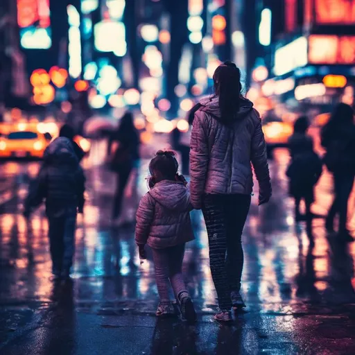 Prompt:  super detailed a woman and a child  on a busy new York street cyberpunk , bokeh, depth of field, multiple exposures night glowing light, 35mm photography   