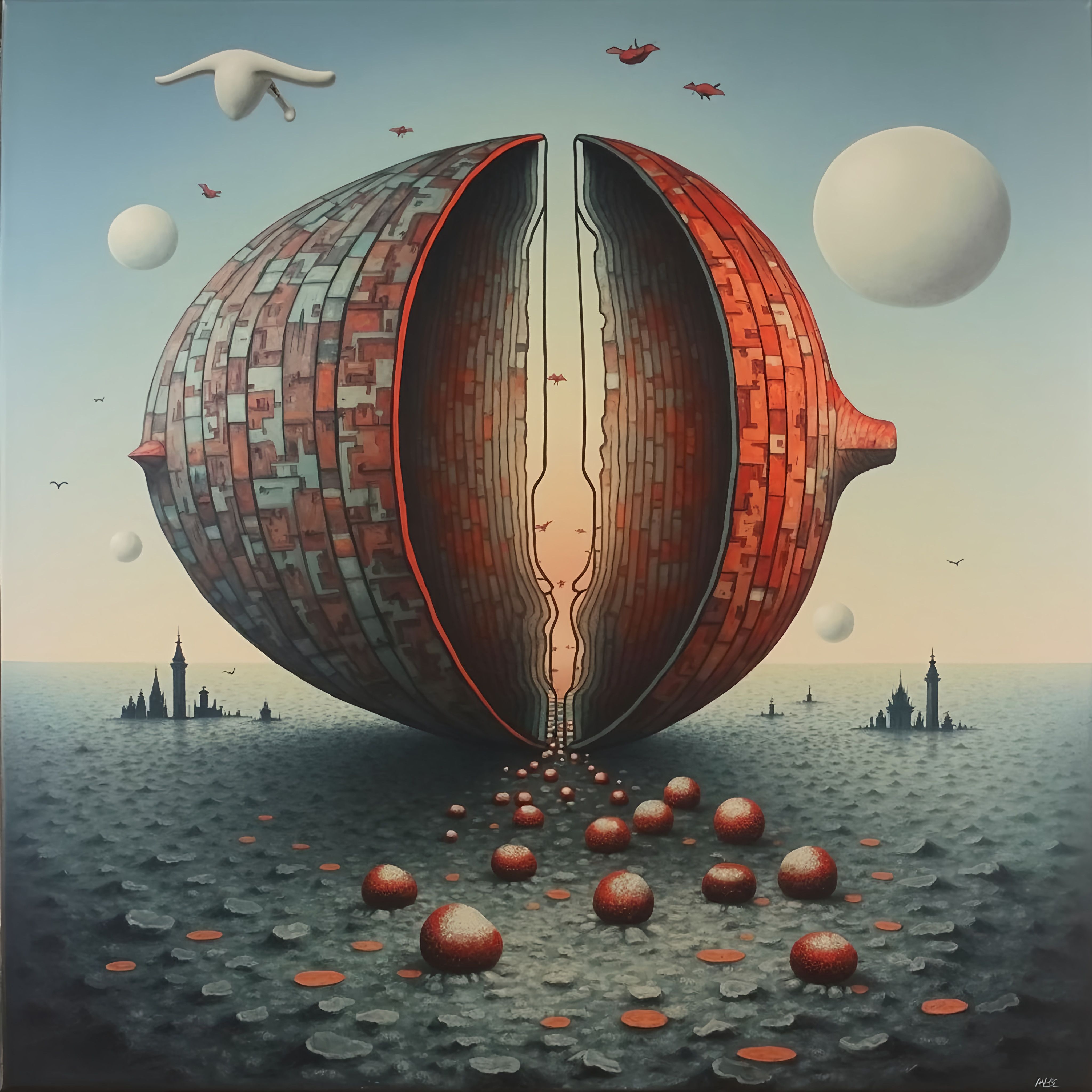 Prompt: a painting of a large structure with a lot of balls in it and a city in the background, metaphysical painting, surrealist, a surrealist painting