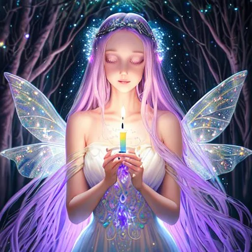 Prompt: full length oil painting of gorgeous woman with straight sparkling hair| modest| flying healing fairy nymph holding a glowing candle| as a translucent [enchanted forest spirit| gorgeous detailed face| wearing glowing flowing soft glowing white pink purple blue yellow dress| full body| mythical| elegant| hyperrealism| highly detailed| intricate detailed| volumetric lighting| giant lymph nodes in the background