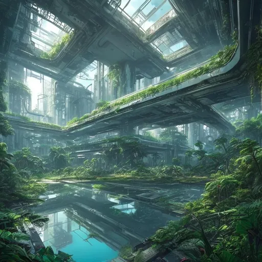 Prompt: Abandoned Futuristic City overgrown with lush green plants reflection lake light blue sky