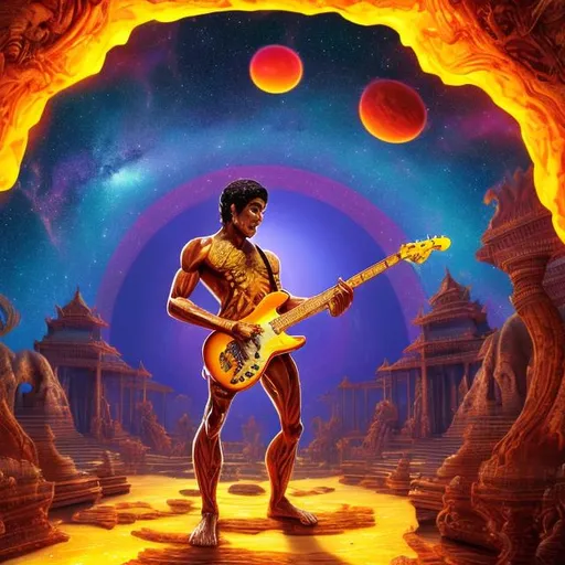 Prompt: wide view of a clear amber bodybuilding vishnu playing guitar at an exotic temple, tropical jungle background, galaxy sky, infinity vanishing point