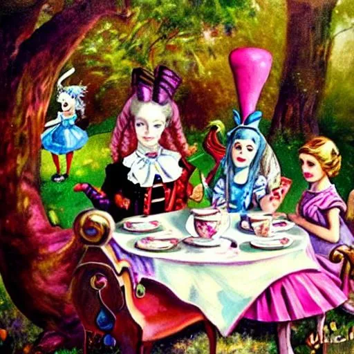 Prompt: A painting of Alice in wonderland tea party 
