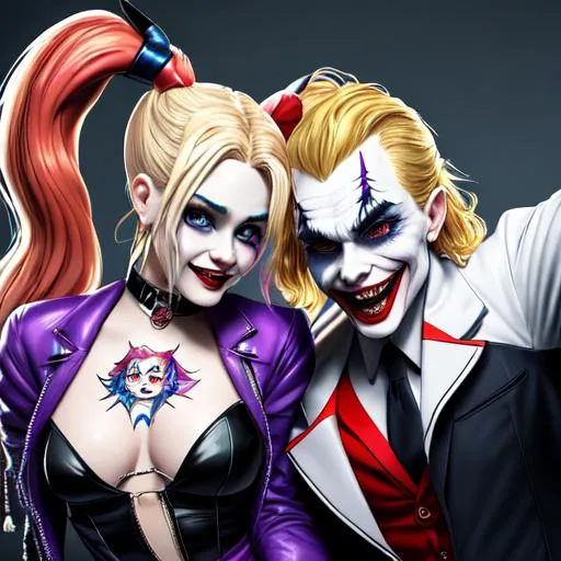 Prompt: (((masterpiece))), (((full body))), ((best quality)), hyper quality, ((HIGHEST RESOLUTION)), refined rendering, extremely detailed CG unity 8k wallpaper, highly detailed, (super fine illustration), highres, (ultra-detailed), detailed face, perfect face, (((DC COMIC BEAUTIFUL HARLEY QUINN AND THE JOKER HAVING FUN))), stunning art, best aesthetic, twitter artist, amazing, high resolution, fine fabric emphasis, UHD