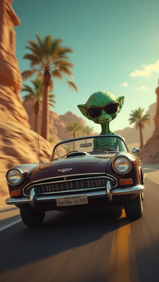 Prompt: alien wearing sunglasses driving a classic car fast down the road

