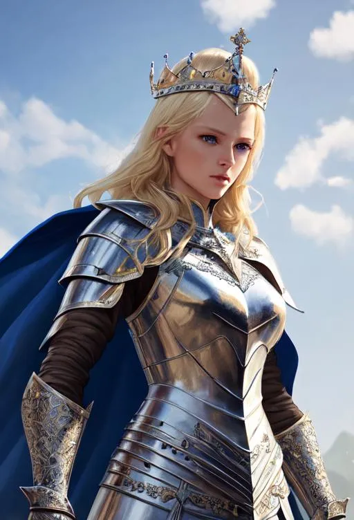 Prompt: Gorgeous women as a knight, detailed face, wearing fancy armor, blonde, blue eyes, wear crown, wear cape, standing, handling a sword into sky with right hand, full body, mythical, elegant, hyperrealism, highly detailed, intricate detailed,dynamic lighting, 4K, HD.
