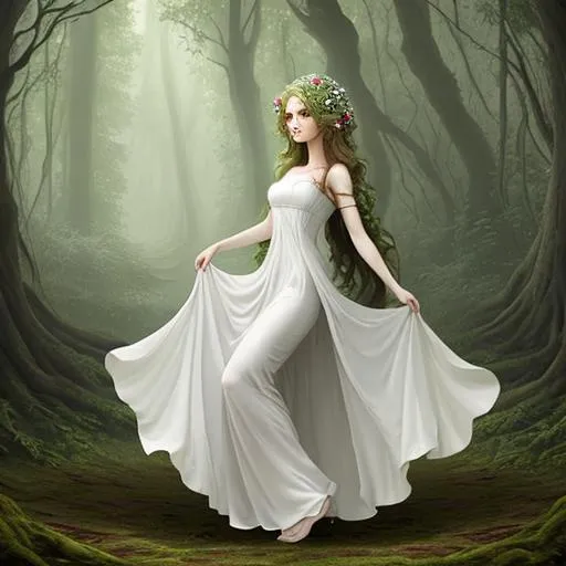 Prompt: beautiful dryad in long white dress, forest background 