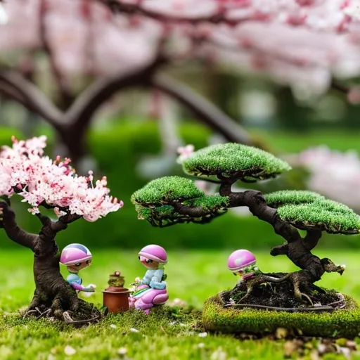 Prompt: tiny aliens mowing grass beside bonsai tree cherry blossom

