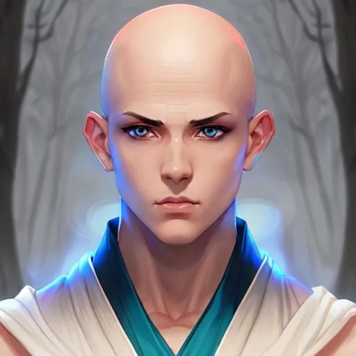 Prompt: Male monk | ((shaved hair)) | ((blue eyes)) | symmetrical face, accurate anatomy, ultra-fine details, sharp focus, crazy colors, forest, iridescent| wearing white robes | digital anime illustration, masterpiece | pixiv, tumblr, instagram, deviantart, zbrush, vray

