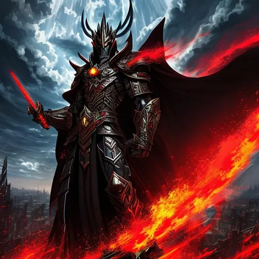 Prompt: (mega detailed) (4x+anime) Dark jokowidodo god standing, 100 feet tall, (black and red armor) (Black and red lightning blot imprint) black and red lightning skies. large sword in his hand, burning city behind