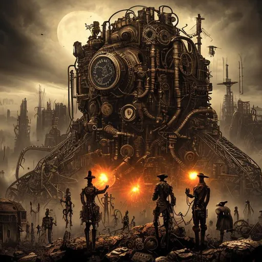 Prompt: steampunk Art. Illustration. Bold. Realistic.. dark theme. mankind's last day