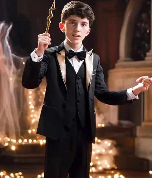 Prompt: 13 year old boy in a tuxedo cast a magic spell on a girl with his magic wand  to make her love him.