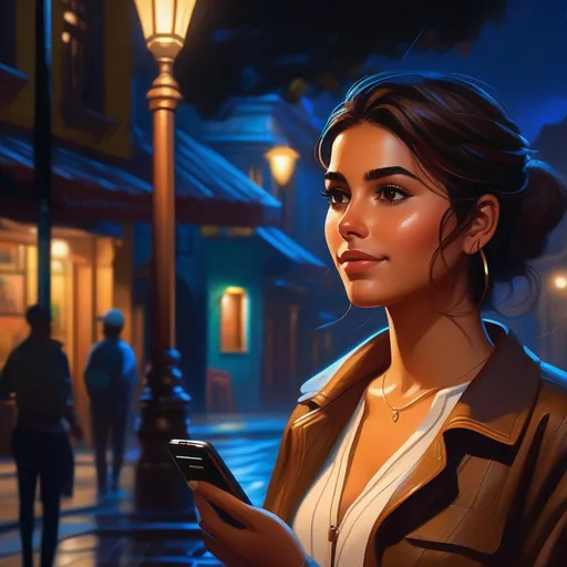 Prompt: Third person, gameplay, Colombian girl, olive skin, brown hair, brown eyes, 2020s, smartphone, Bogota at night, light rain, blue atmosphere, cartoony style, extremely detailed painting by Greg Rutkowski and by Henry Justice Ford and by Steve Henderson 