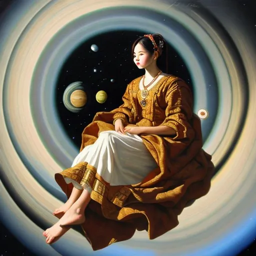 Prompt: An oil painting a Young women floating in the universe wear Traditional European Clothes sitting on top of Saturn with her legs crossed 