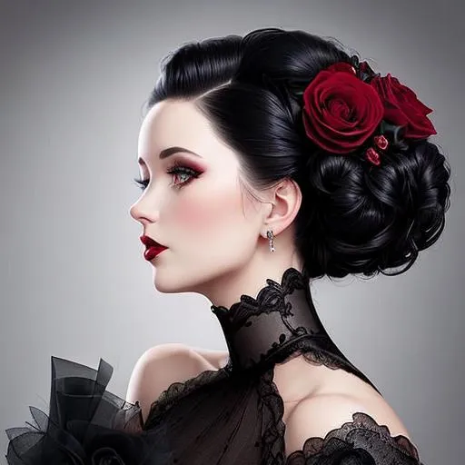 Prompt: Beautiful woman portrait wearing a black evening gown,  black hair, dark eyes, carmine lips, ruby jewelry, elaborate updo hairstyle adorned with flowers