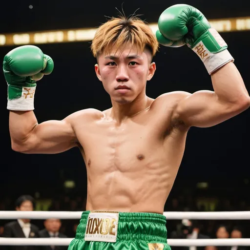Prompt: Imagine a Japanese boxer resembling Naoya Inoue with golden and brownish hair. He is flexing his strong muscles with arms raised up. He is wearing green boxing gloves.