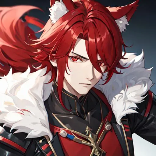 Prompt: Zerif (Red side-swept hair covering his right eye) as a human-wolf hybrid, UHD, 8K