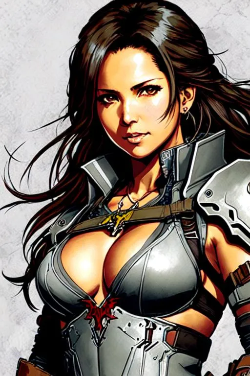 Prompt: Devil May Cry Art (((Yoji Shinkawa))), sticker of ultra detailed portrait of Tulsi Gabbard, in detailed grey holy armor, high quality cell shaded illustration in post apocalyptic style by Yoji Shinkawa, ((full body)), dynamic pose, perfect anatomy, centered, freedom, soul, black long hair,tan skin approach to perfection, cell shading, 4k , cinematic dramatic atmosphere, watercolor painting, global illumination, detailed and intricate environment, artstation, concept art, fluid and sharp focus, volumetric lighting, cinematic lighting, Art by Ilya Kuvshinov
