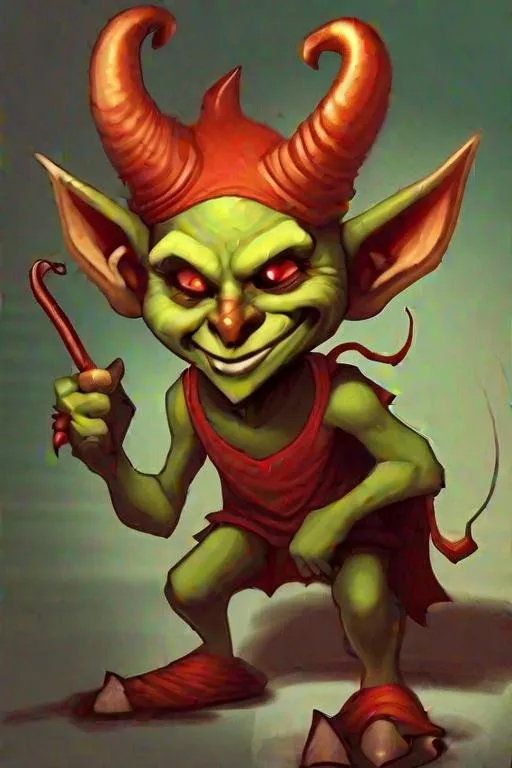 Prompt: A mischievous imp with horns, pointy ears, and a tail, playing pranks on unsuspecting humans.