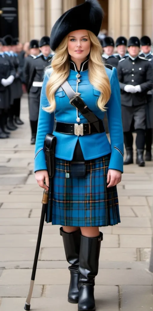 Prompt: Curvaceous elegant beautiful woman with long blonde hair, blue eyes, intricate diamond face, traditional Palace Guard Tartan uniform, black boots, black fur hat, standing in a crowded London plaza, high-res, fashion photography, high detail, daylight, sharp focus, lady King's Guard